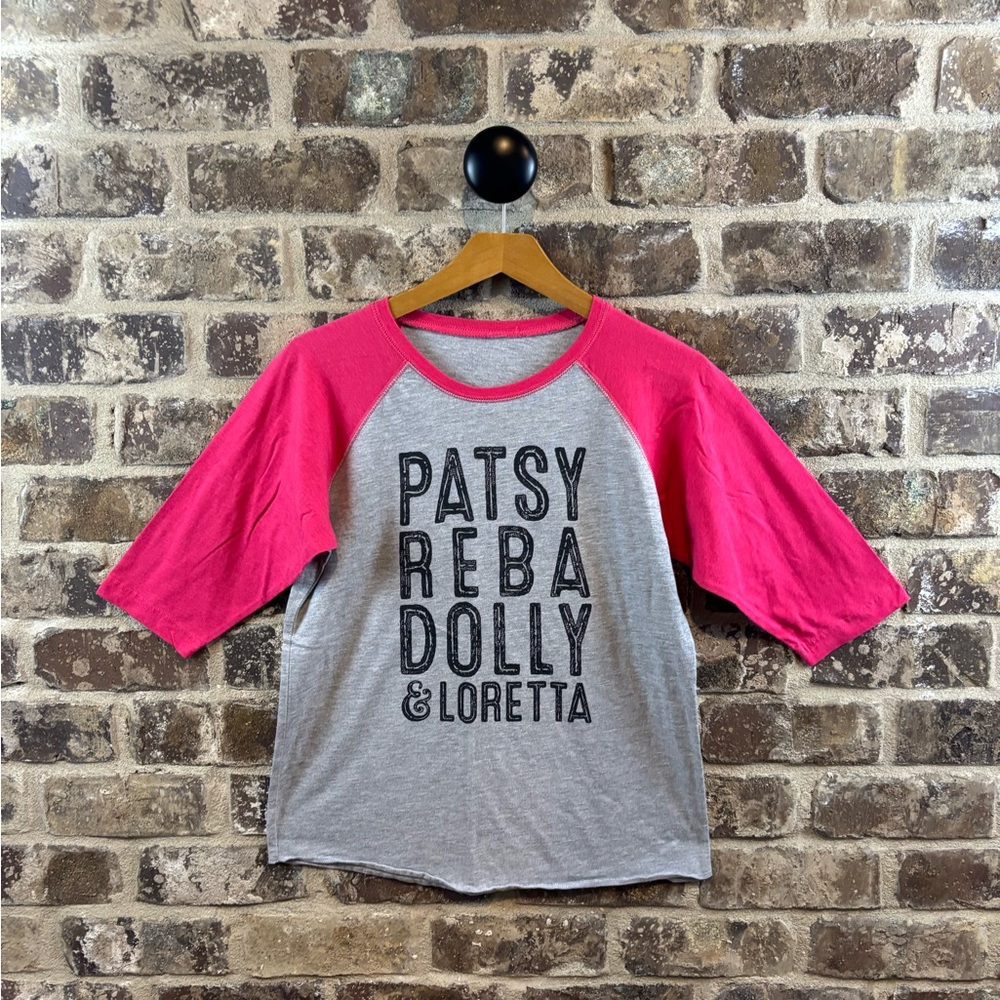 Patsy Reba Dolly Loretta Gray and Pink Raglan Shirt Womens Sz S